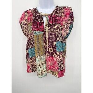 Gypsy Rose Multi Color Patchwork Cotton Peasant Hippy Boho Blouse Free Size‎ S